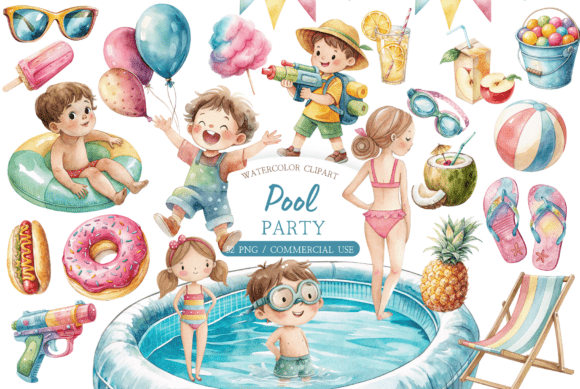 Download Watercolor Pool Party Clipart Bundle - Pool Collection