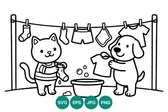 Download Cat and Dog Washing Clothes Line Art - Dog Collection