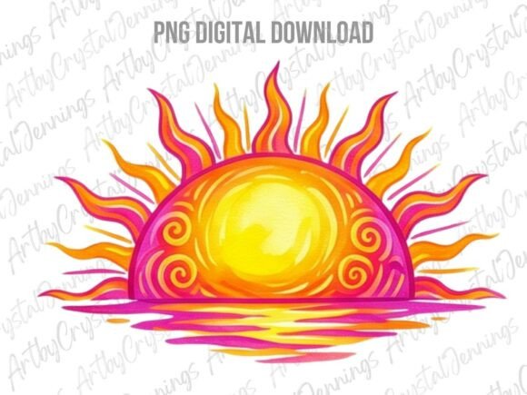 Download Retro Boho Watercolor Summer Sun PNG - Watercolor summer Collection