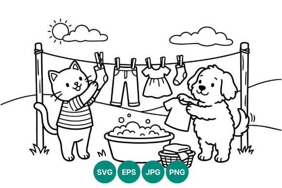 Download Cat and Dog Hanging Clothes Line Art - Dog Collection